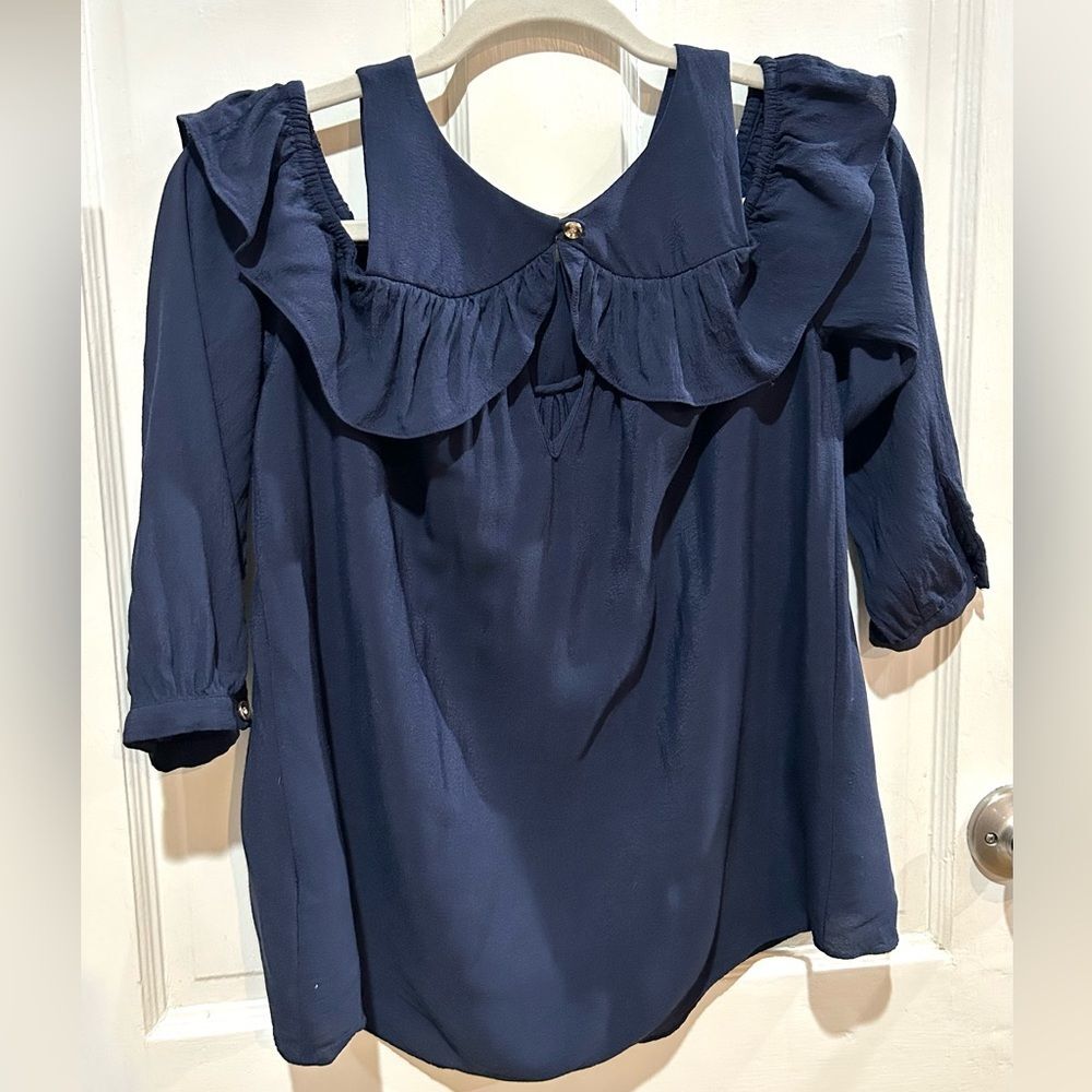 Anthropologie Maeve Navy Cold Shoulder Ruffle Top Romantic Coquette Size 2 & 4 - Picture 6 of 10